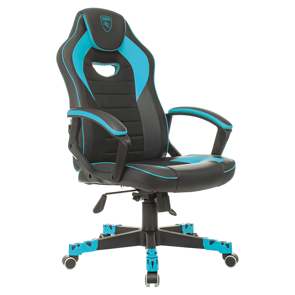 Кресло игровое Бюрократ "Zombie GAME 16", ткань, экокожа, пластик, черный, голубой