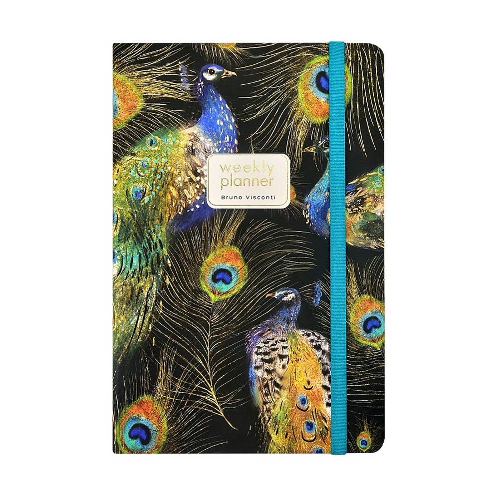 Еженедельник недатированный "Fauna. Павлины", А5, 144 страниц, линованный, черный, зеленый