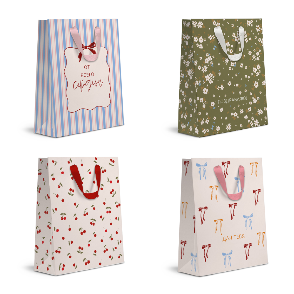Пакет бумажный подарочный "Cherry Lady",18х22.7х10 см, ассорти