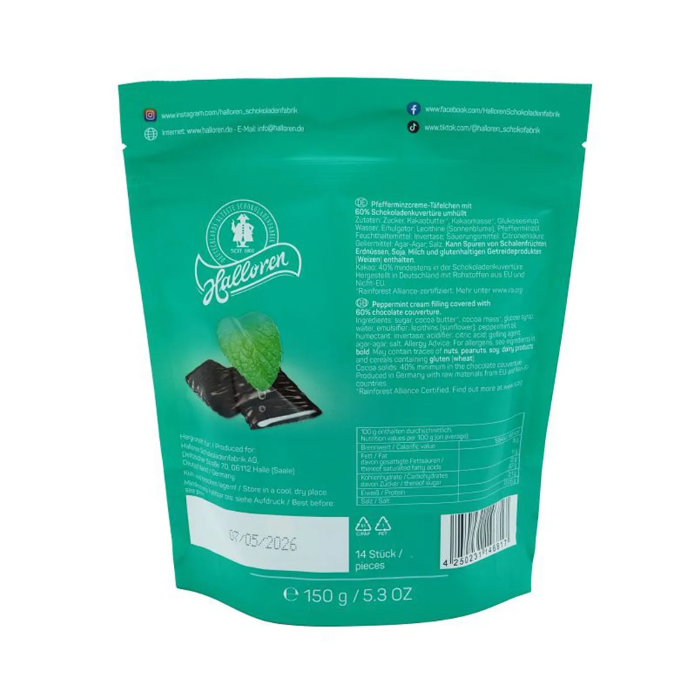 Шоколад темный "Halloren. Thins Mints", 150 гр, с мятной начинкой