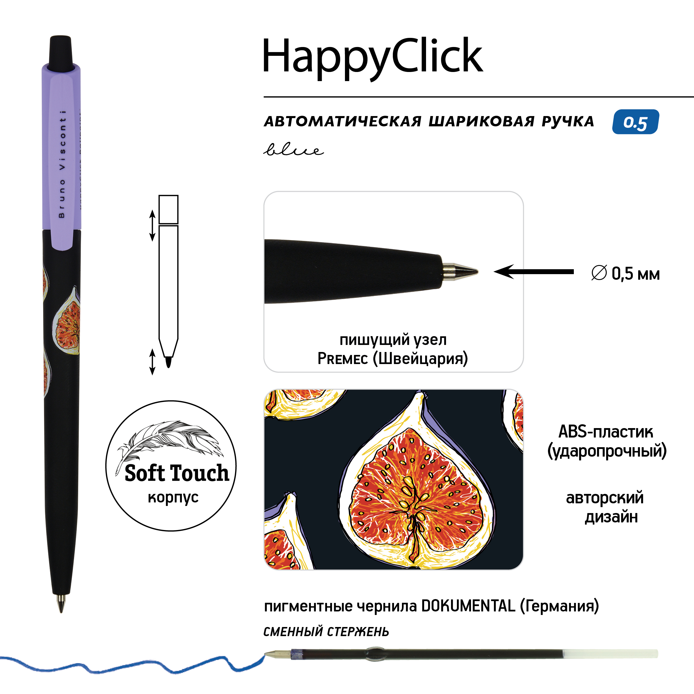 Ручка шариковая автоматическая "HappyClick. Fresh & fruity. Инжир", 0.5 мм, черный, фиолетовый, стерж. синий