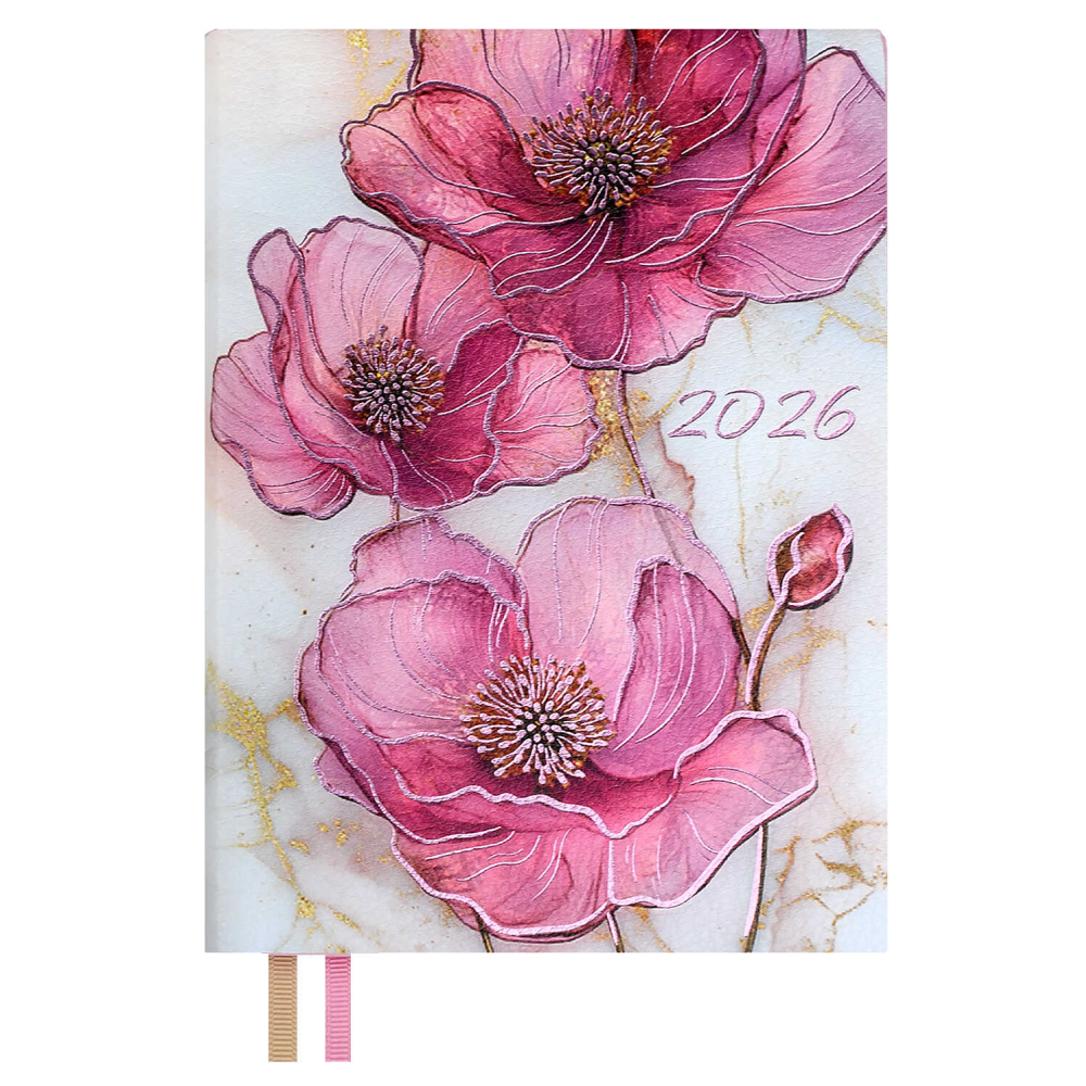 Ежедневник датированный "Розовые маки", А6, 353 страницы, розовый, 2026