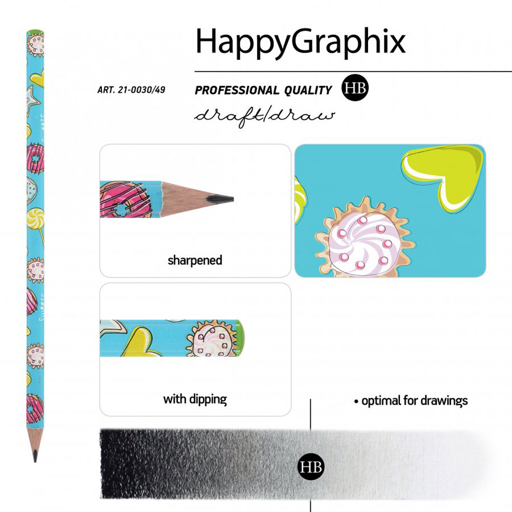 Карандаш чернографитный "HappyGraphix. Пончики", HВ, без ластика, голубой - 3