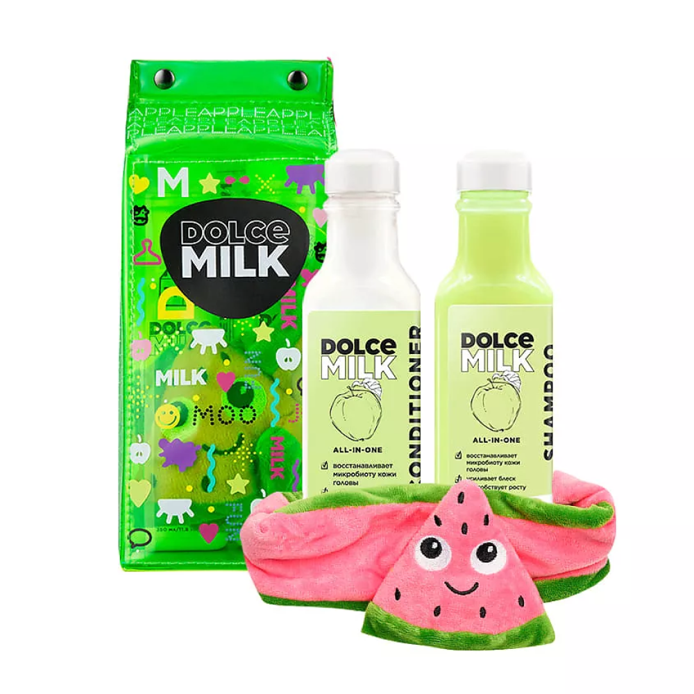 Набор DOLCE MILK: шампунь и кондиционер "Райские яблочки" 350 мл, повязка д/волос "Арбуз"