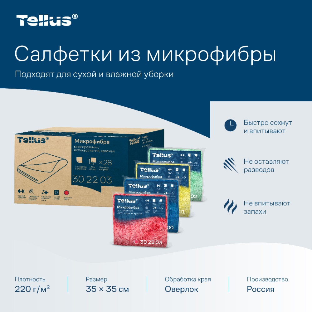 Салфетка из микроволокна Tellus, 220 гр/м2, 35х35см, 5шт/упак, красный - 4
