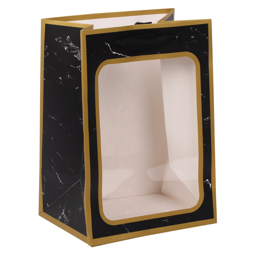 Пакет бумажный подарочный "232240", 18х25х13 см, с окном, черный