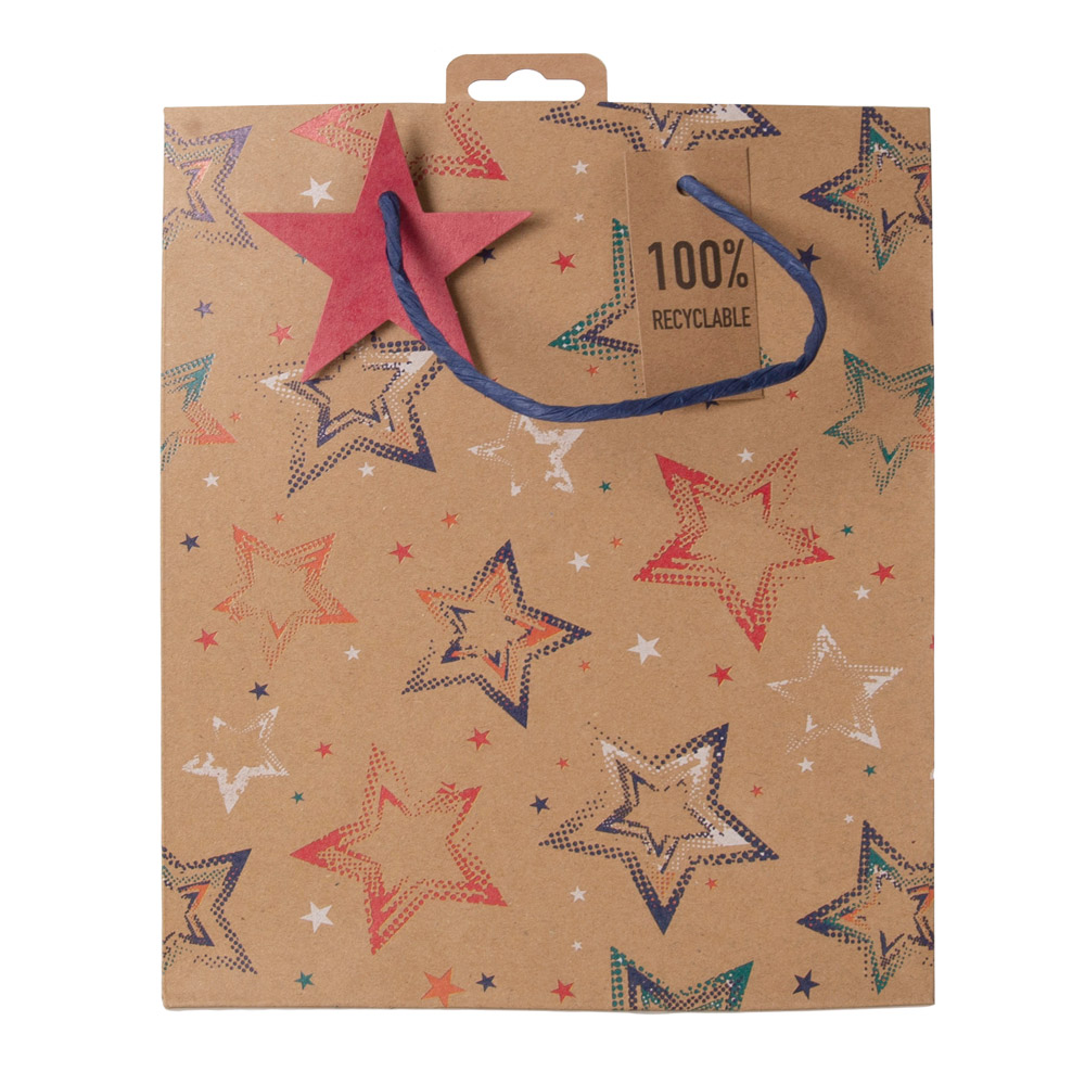 Пакет бумажный подарочный "Stars kraft", 21.5x10.2x25.3 см, разноцветный