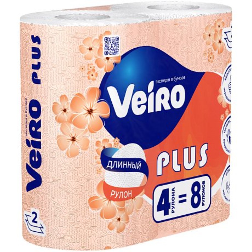 Бумага туалетная Veiro Plus, 4 рулона, 2 слоя, белый - 3