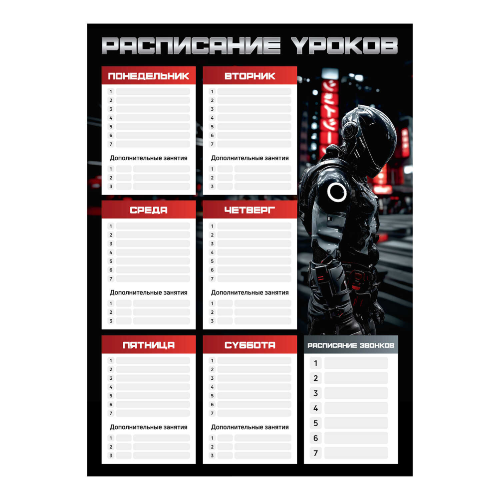 Расписание уроков "Гонщик в шлеме", А3, черный, красный
