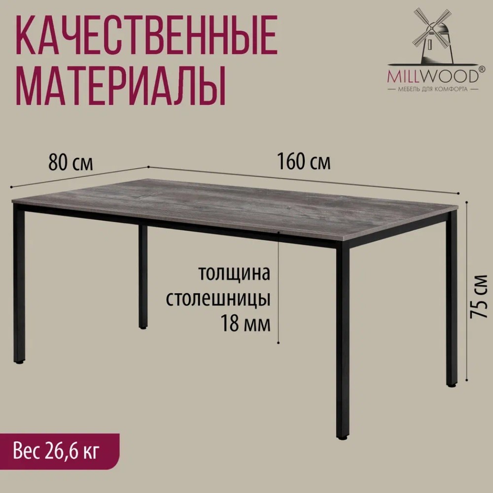 Стол Millwood Сеул, 1600х800 мм, сосна пасадена, черный - 4