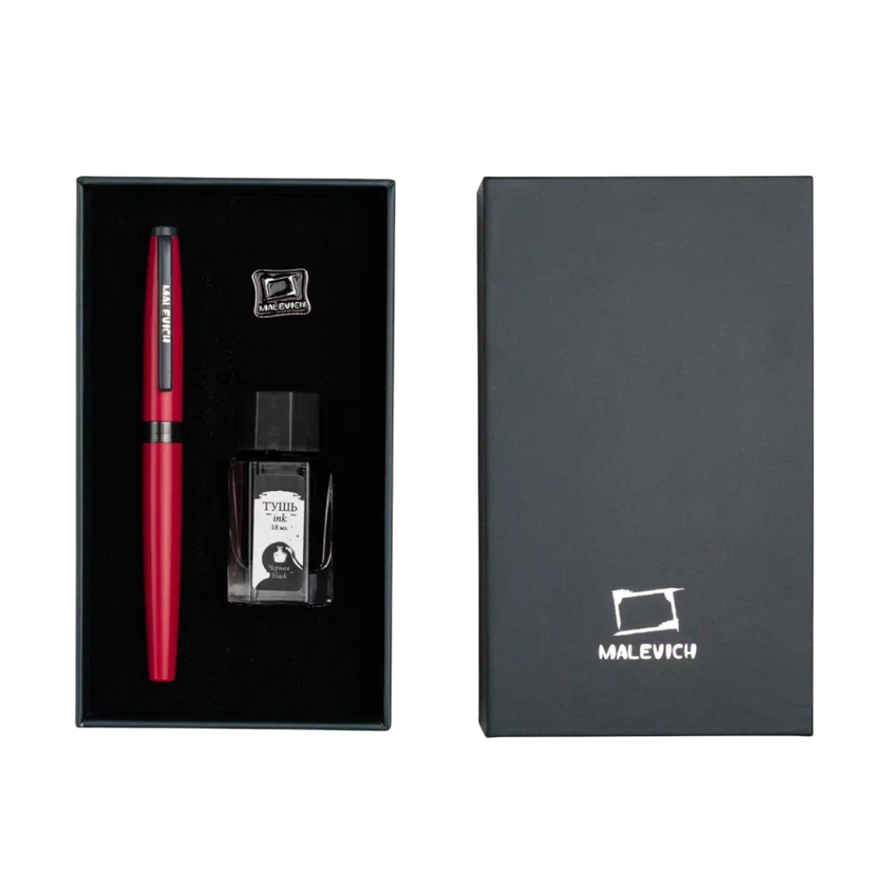 Ручка перьевая EF "Малевичъ", металл, с конвертером, набор чернила + значок, красный