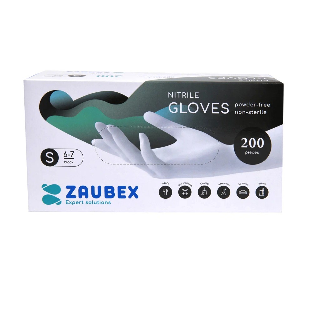 Перчатки нитриловые неопудренные Zaubex, одноразовые, р-р S 200 шт./уп. черный