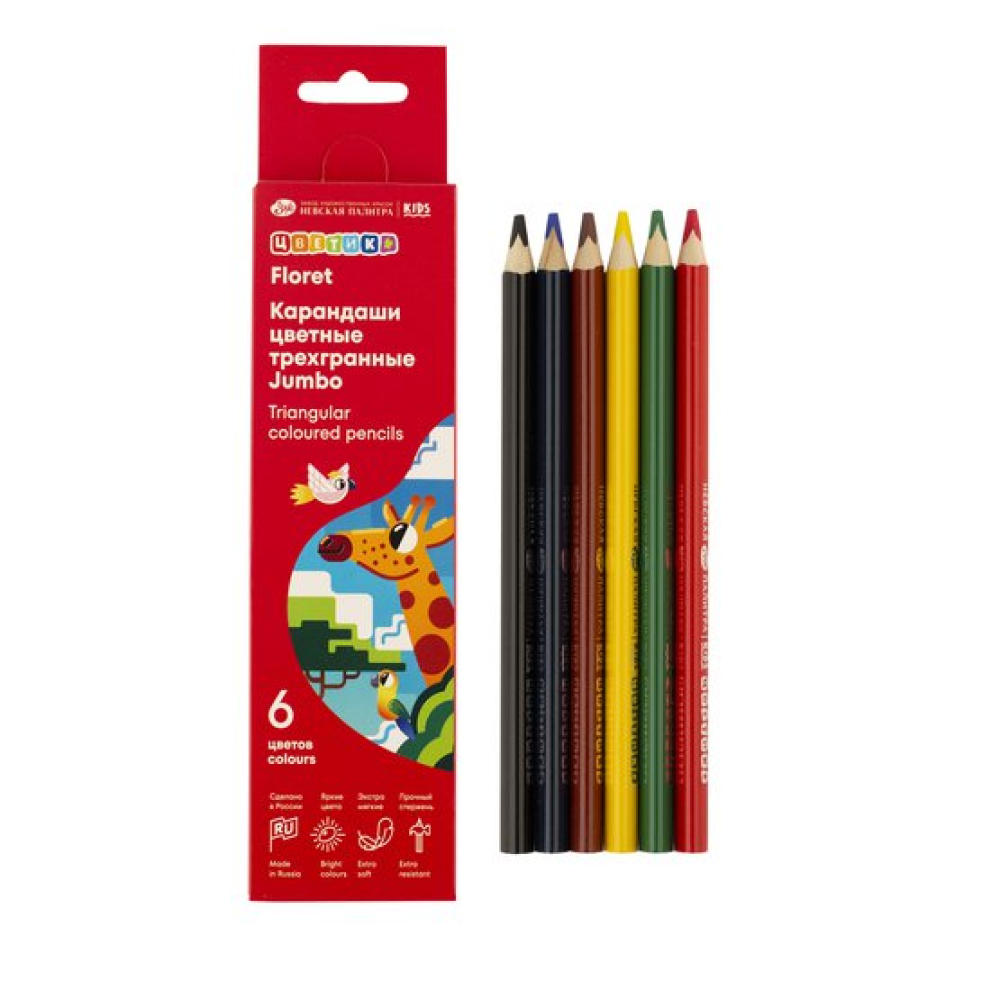 Цветные карандаши "Цветик Джамбо", трехгранные, 6 шт.