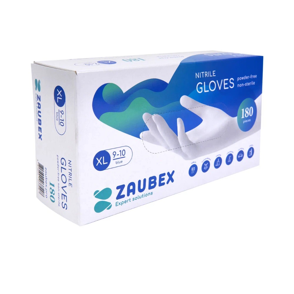 Перчатки нитриловые неопудренные Zaubex, одноразовые, р-р XL, 180 шт/уп, голубой
