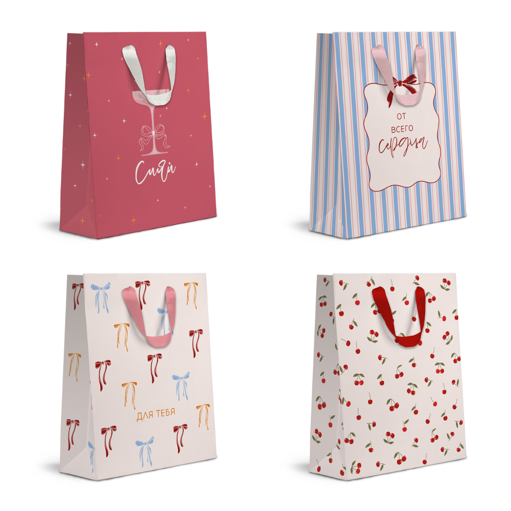 Пакет бумажный подарочный "Cherry Lady", 25.5х31.5х11 см, ассорти