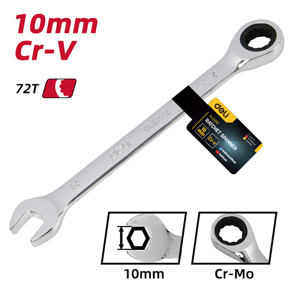 Ключ комбинированный Deli YS EDL34110, 10 мм, с трещоткой, 72 зуба - 6