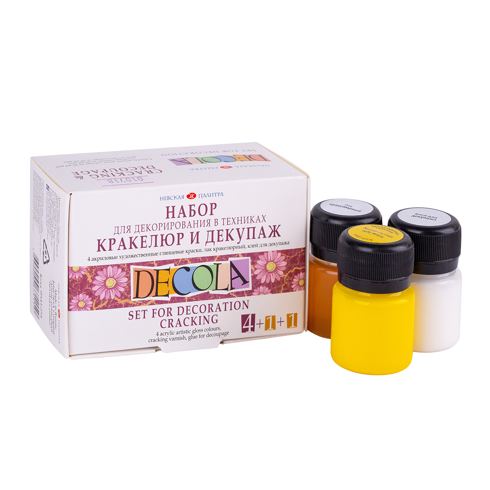 Краска акриловая "Декола", набор 4 цвета, 20 мл, банки, кракелюрный лак и клей для декупажа