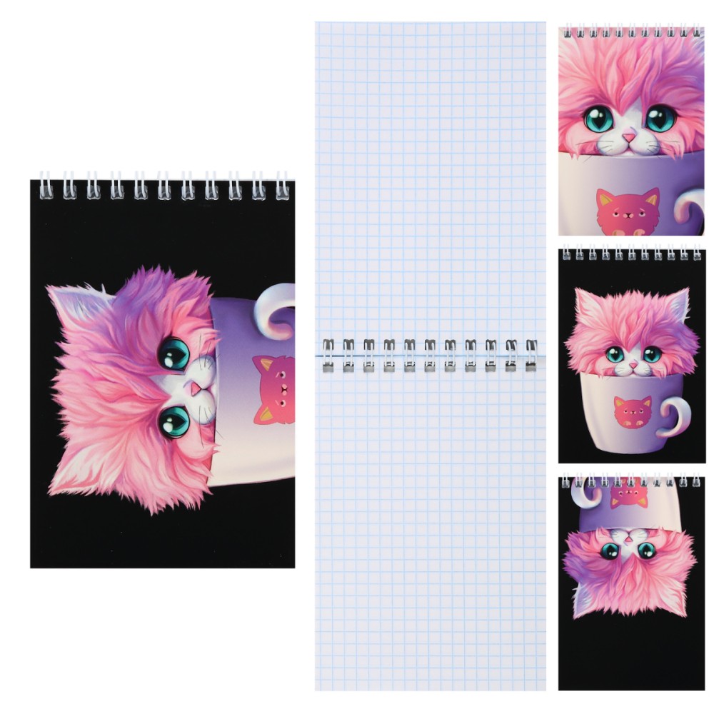 Блокнот "Кот в кружке", А6, 97x141 мм, 40 листов, в клетку, спираль сверху, ассорти