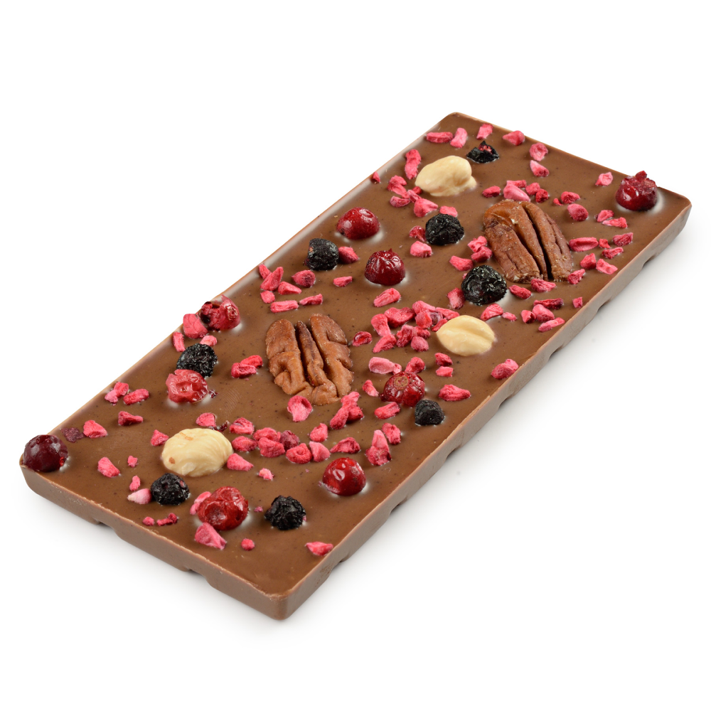 Шоколад молочный "Пекан, фундук, малина", 80 гр., без сахара