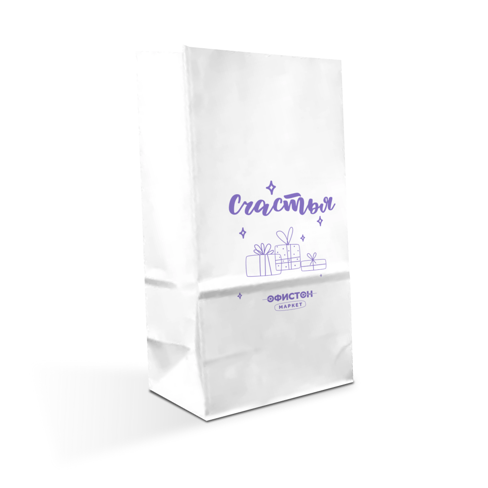 Пакет бумажный "Офистон Маркет. Счастье", 12x25x8 см, белый