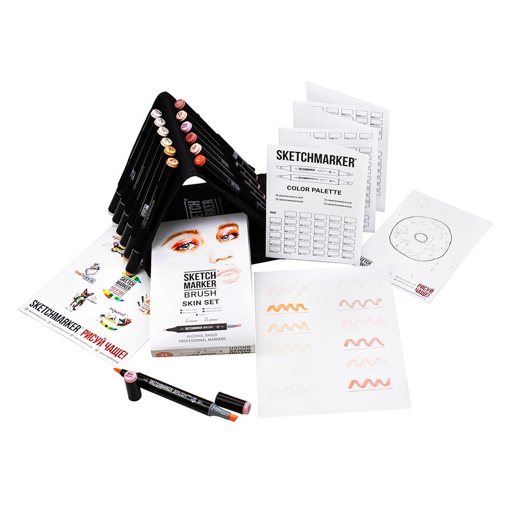 Набор маркеров перманентных двусторонних "Sketchmarker BRUSH Skin Set", 12 шт.