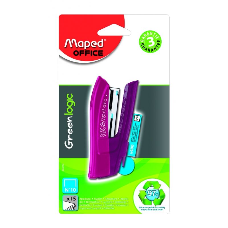 Скобосшиватель Maped "Greenlogic", №10, 15 листов, ассорти