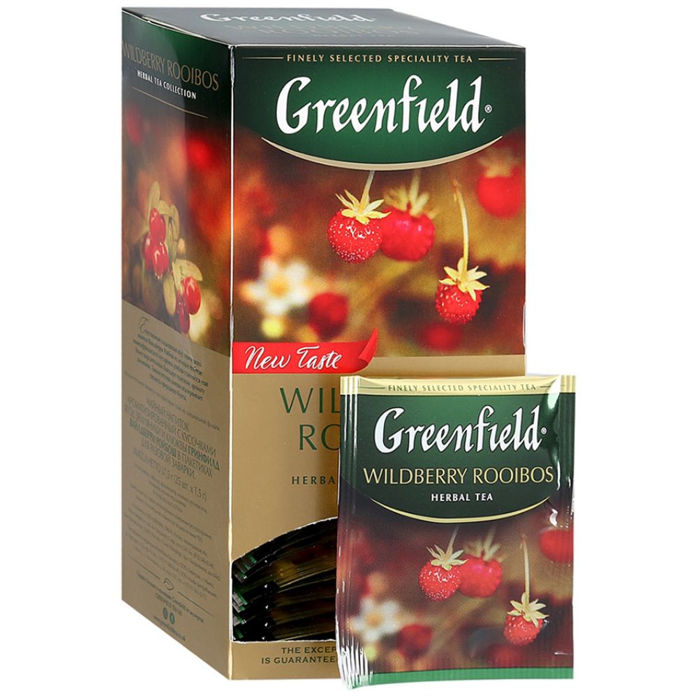 Чай "Greenfield" Wildberry Rooibos, 25 пакетиков x1.5 г, черный, с кусочками земляники и клюквы