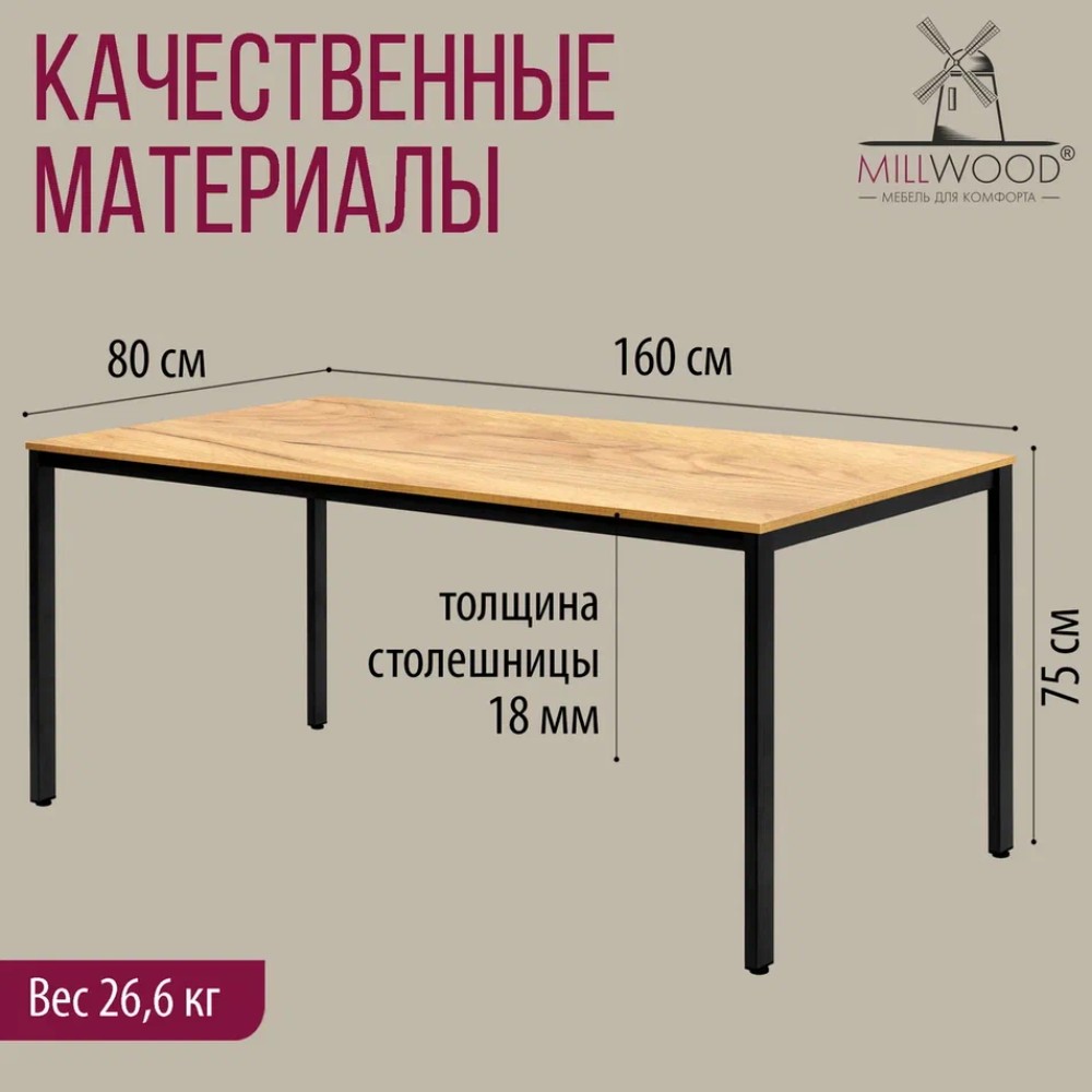 Стол Millwood Сеул, 1600х800 мм, дуб золотой крафт, черный - 4
