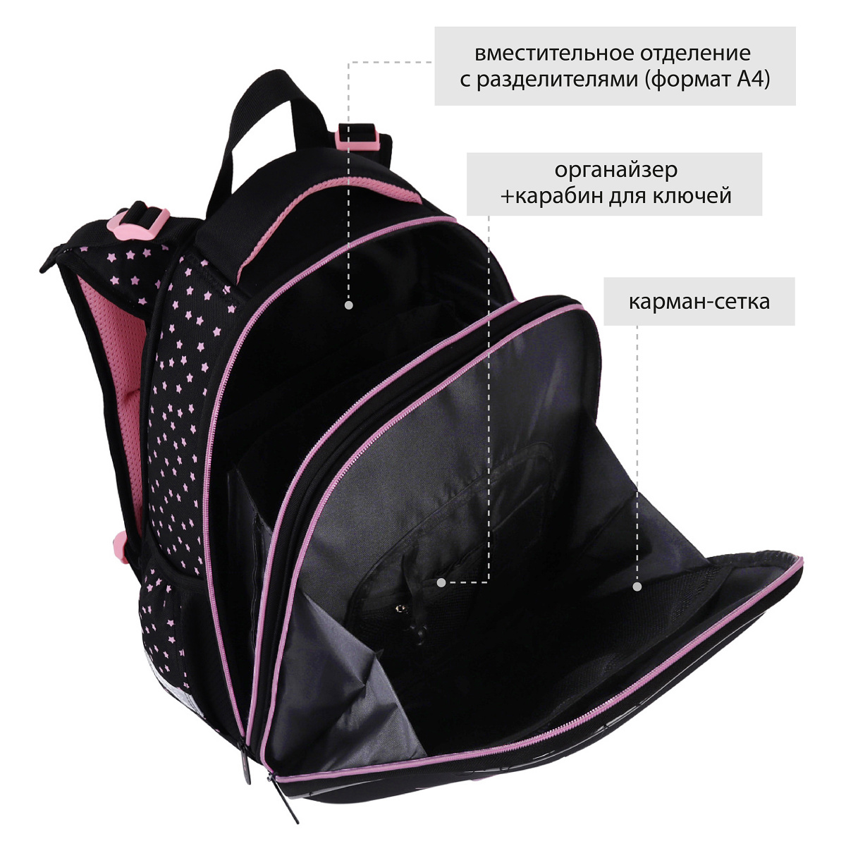 Рюкзак школьный "Ergo First. Котик" черный, розовый - 5