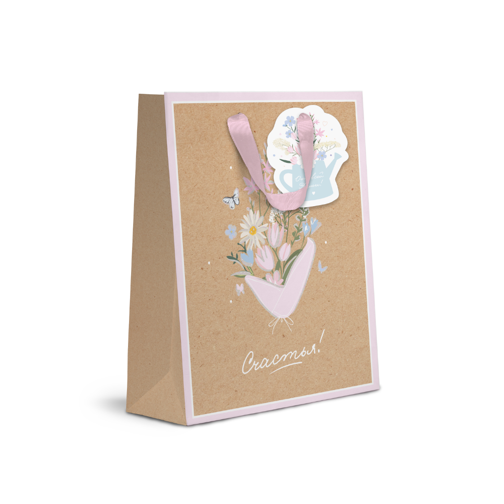 Пакет бумажный подарочный "Spring Flowers", 18х23х10 см, крафт, ассорти