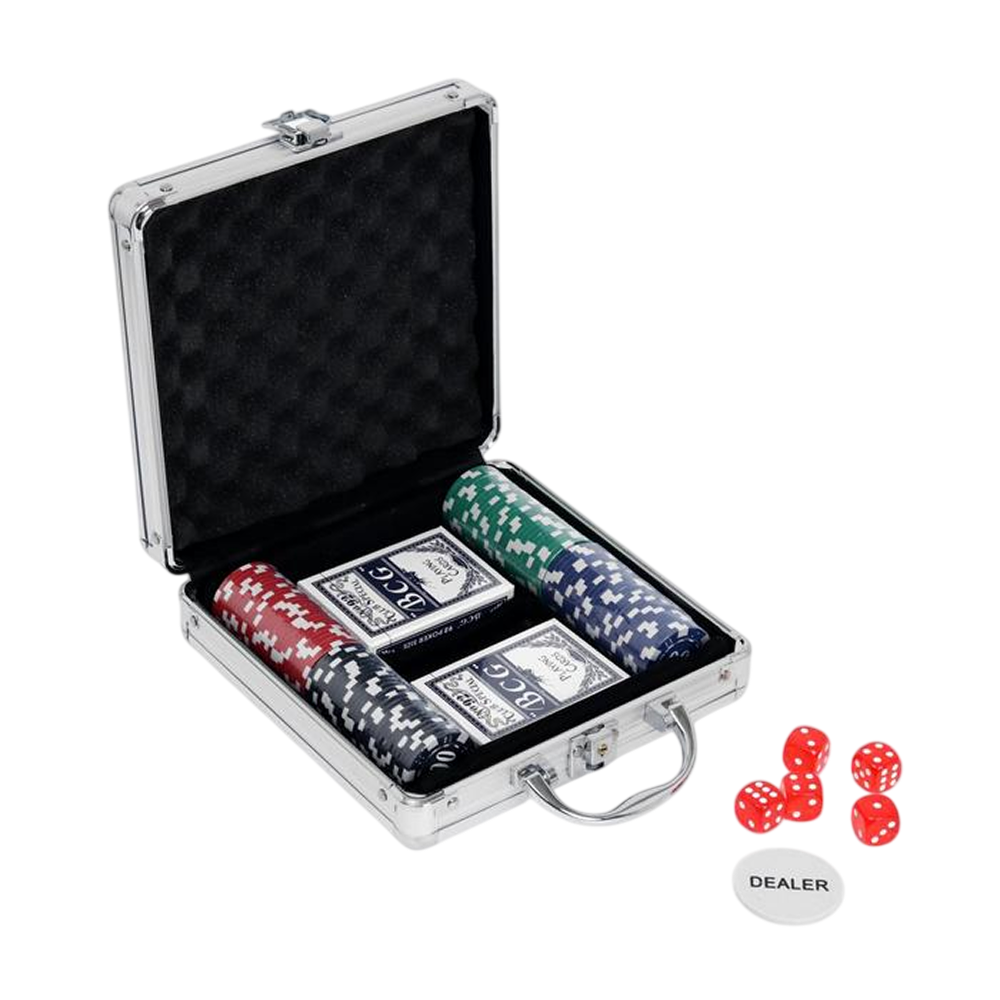 Игра настольная "Покер" в металлическом кейсе (2 колоды карт, фишки 100 штук, 5 кубиков)