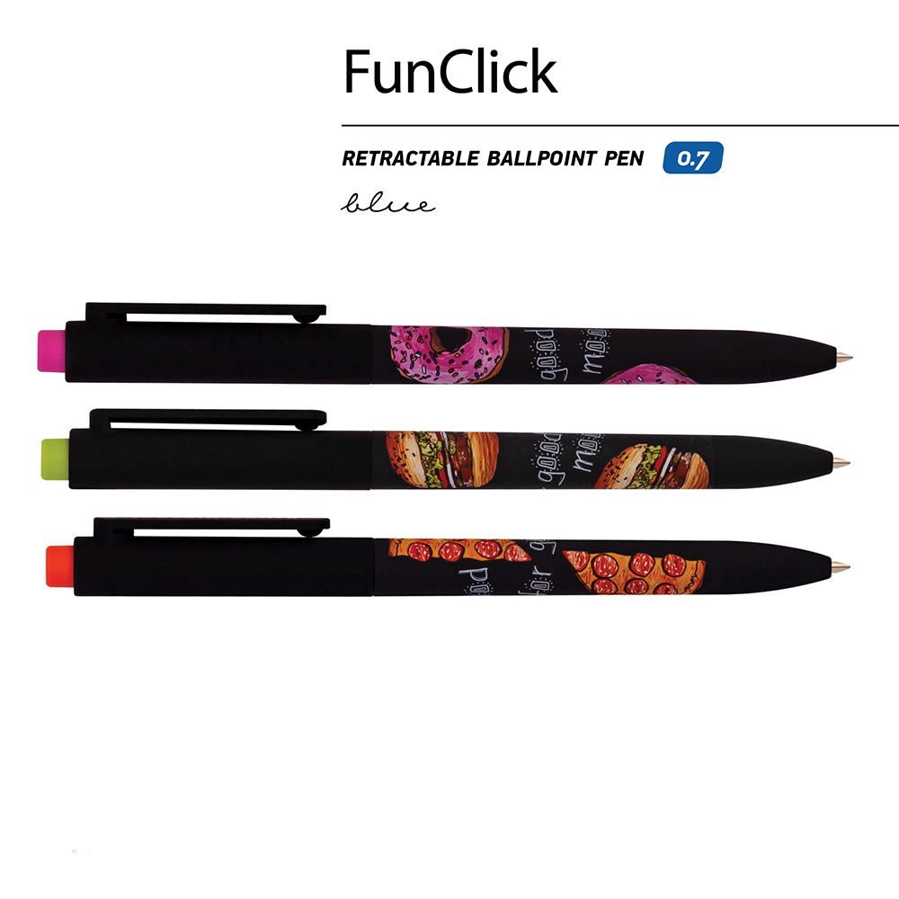 Ручка шариковая автоматическая "FunClick. Food in black", 0,7 мм, ассорти, стерж. синий