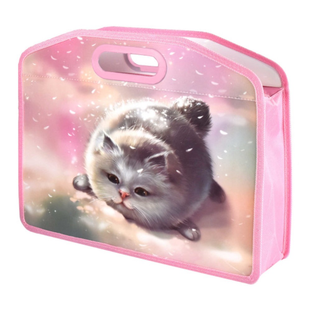 Папка для тетрадей с ручками "Кот", А4, на молнии, пластик, розовый