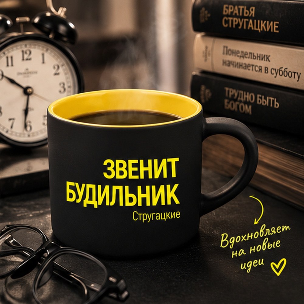 Кружка "83% дней в году начинаются одинаково: звенит будильник. Стругацкие", фарфор, 310 мл, черный, желтый