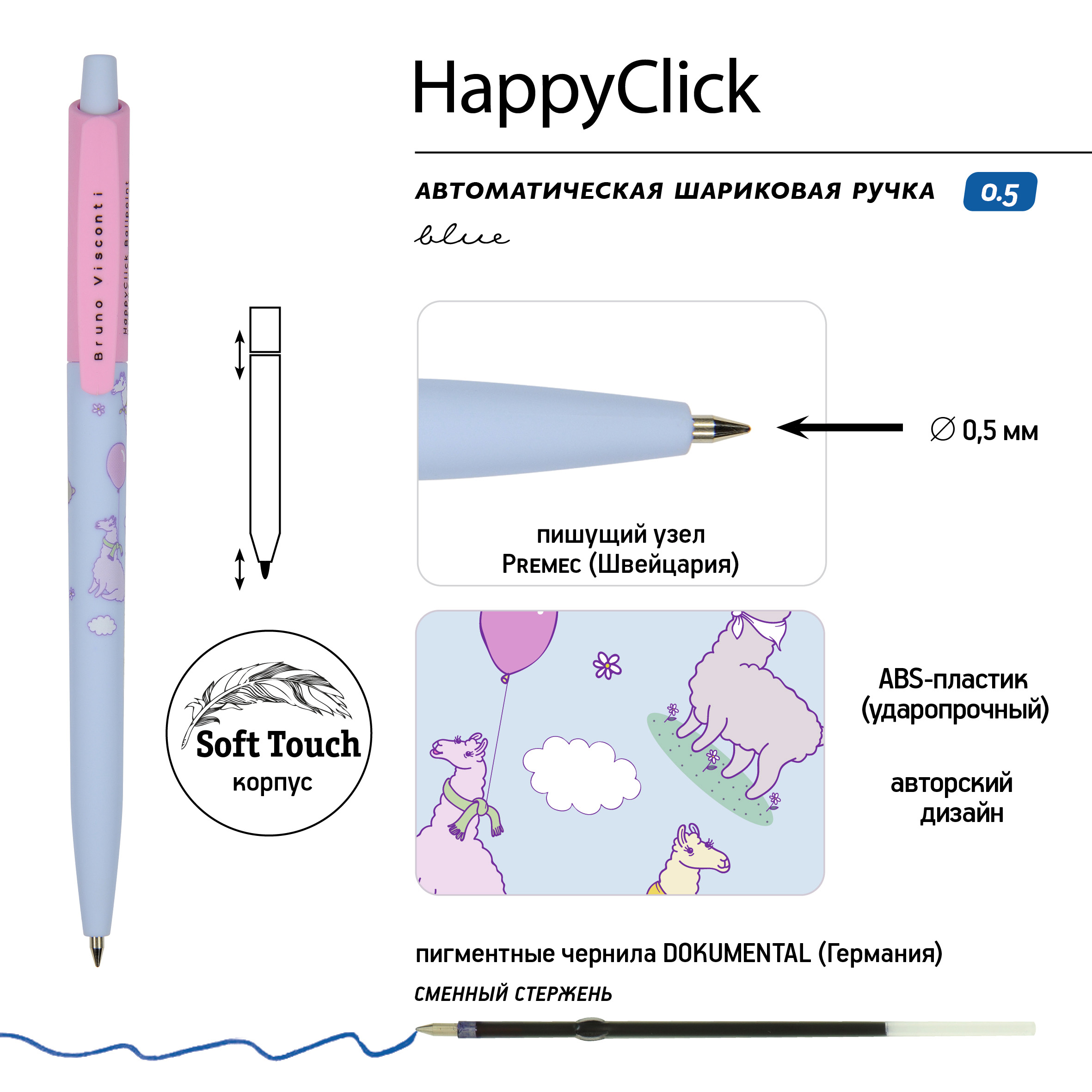 Ручка шариковая автоматическая "HappyClick. Sweet Animals. Ламы в облачках", 0.5 мм, голубой, розовый, стерж. синий - 2