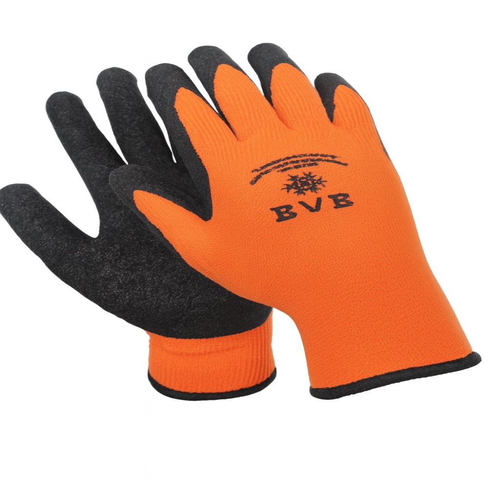 Перчатки полиэстеровые BVB, с латексным покрытием, 10 кл. вязки, с внутр. ворс. начесом, оранжевый, черный