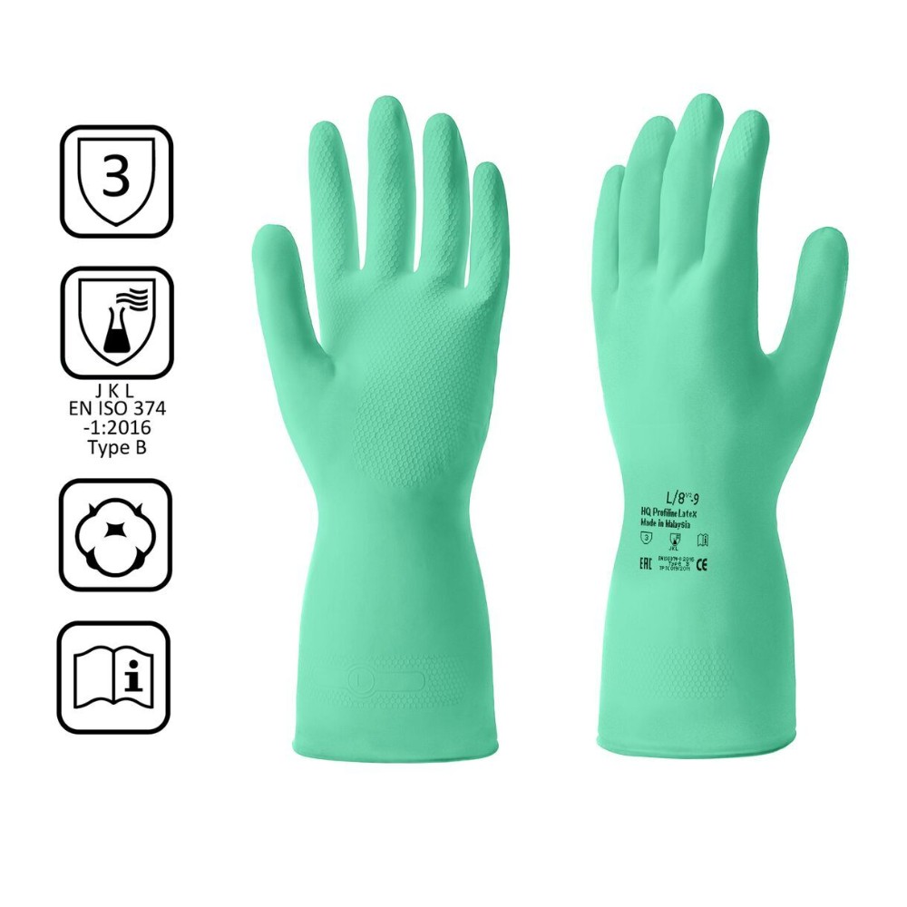 Перчатки латексные HQ Profiline, р-р L, с х/б покрытием, зеленый