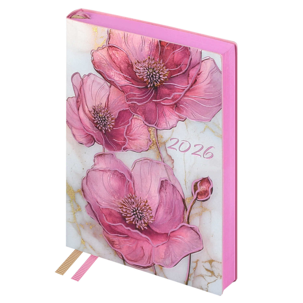 Ежедневник датированный "Розовые маки", А6, 353 страницы, розовый, 2026