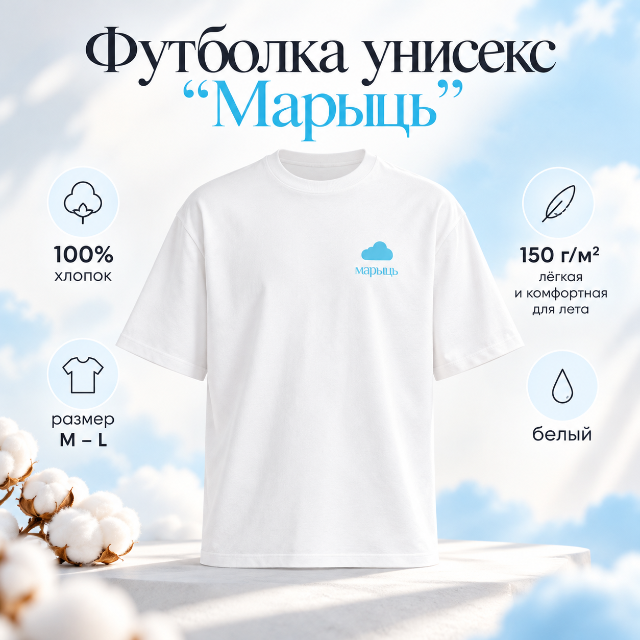 Футболка унисекс "Марыць", M-L, хлопок, белый, голубой