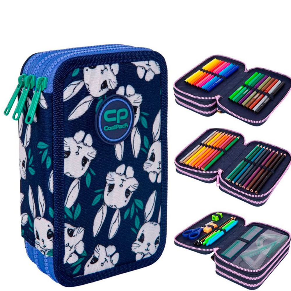 Пенал CoolPack "Bunnyland" с наполнением, 3 отделения, темно-синий, белый