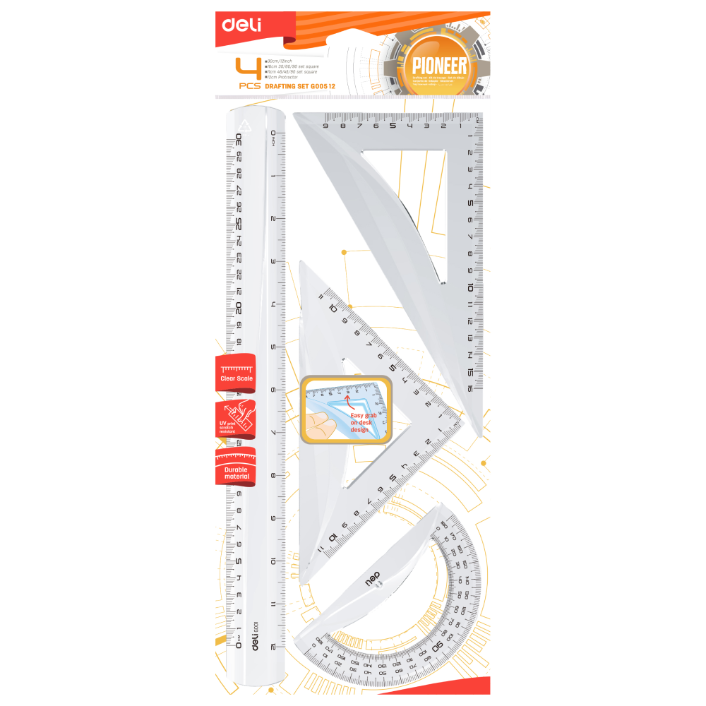 Набор чертежный "Deli EG00512": линейка 30 см, треугольник 45 и 60 гр, транспортир 180 гр, прозрачный