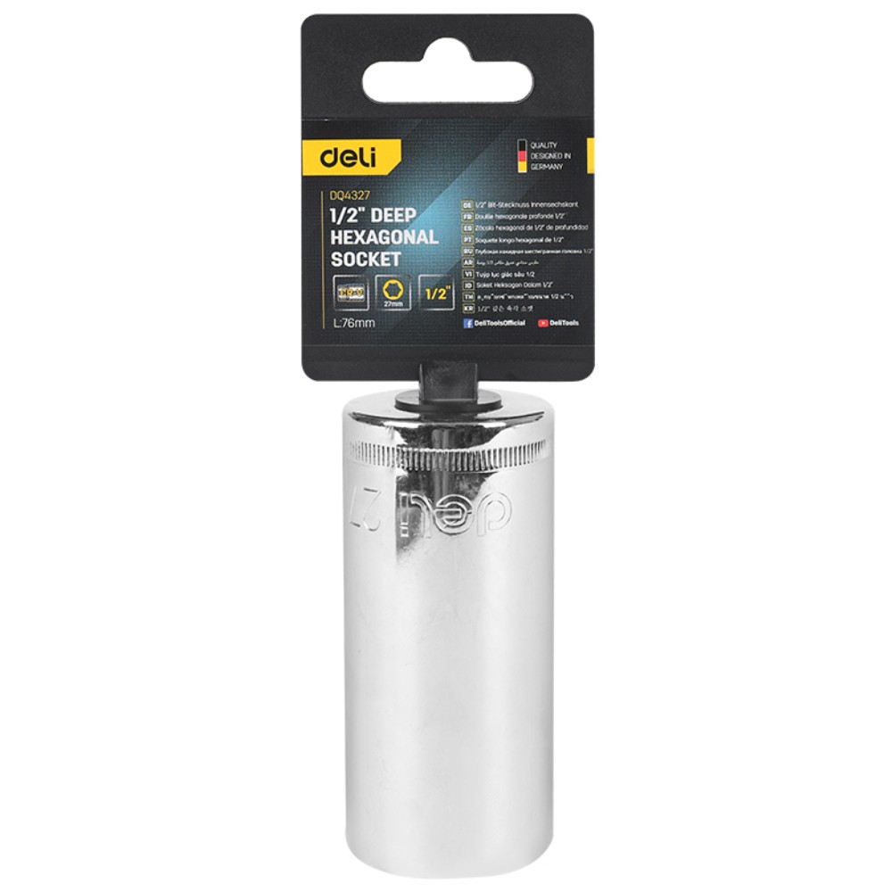 Головка торцевая шестигранная Deli YS EDQ4327 1/2", 27 мм, глубокая, серебристый