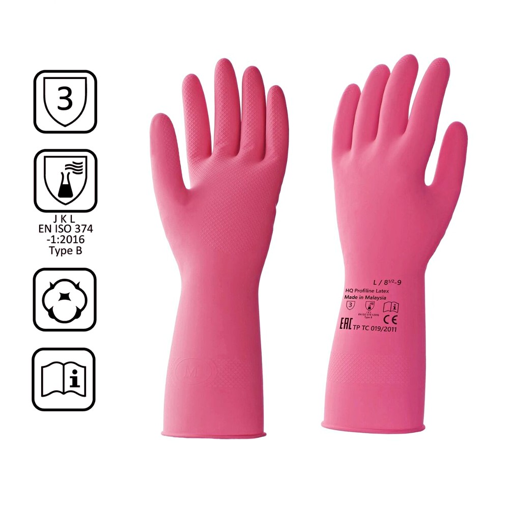 Перчатки латексные HQ Profiline, р-р M, с х/б покрытием, красный