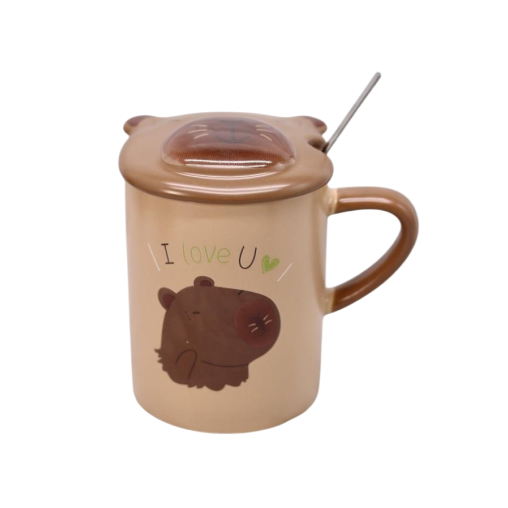 Кружка "Capybara I love u" с крышкой, керамика, 400 мл, коричневый