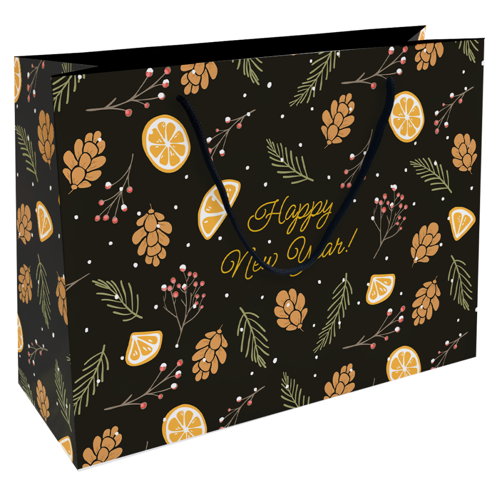 Пакет бумажный подарочный "Шишки", 36х26х12 см, черный