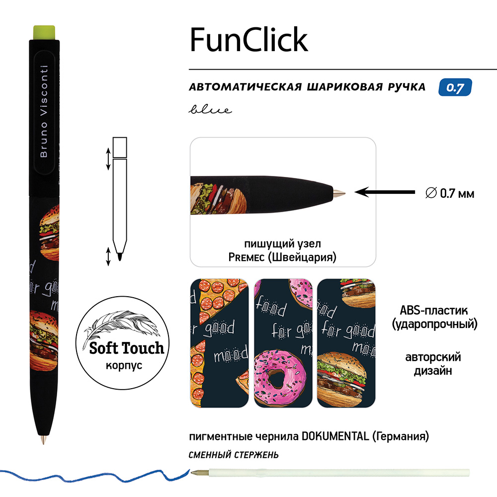 Ручка шариковая автоматическая "FunClick. Food in black", 0,7 мм, ассорти, стерж. синий - 3