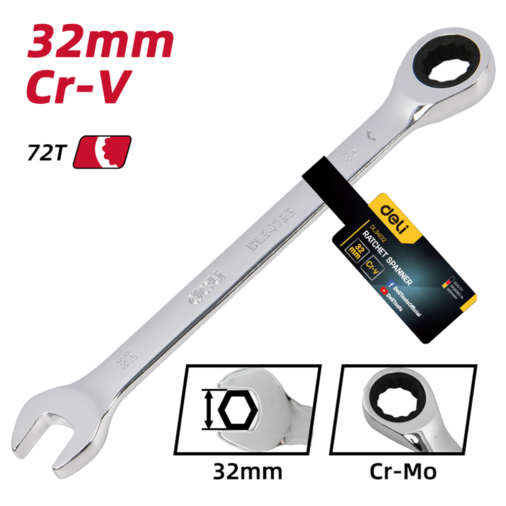 Ключ комбинированный Deli YS EDL34132, 32 мм, с трещоткой, 72 зуба - 6