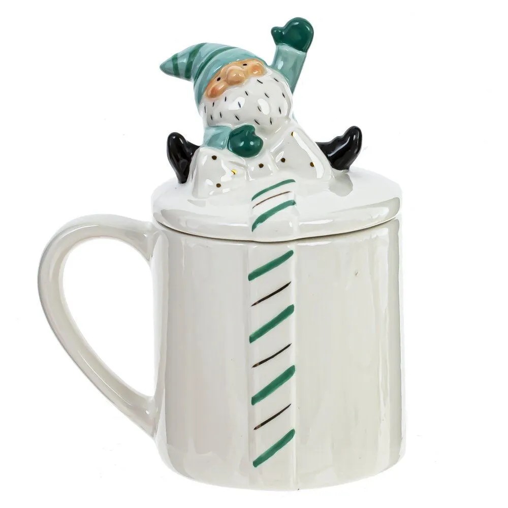 Кружка "Гном. Праздничный хранитель" с крышкой, керамика, 330 мл, белый-зеленый