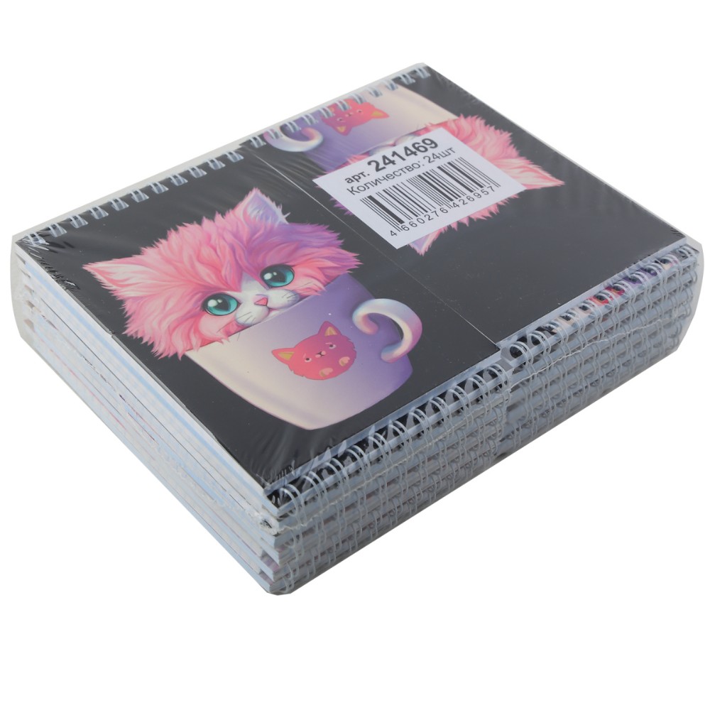 Блокнот "Кот в кружке", А6, 97x141 мм, 40 листов, в клетку, спираль сверху, ассорти - 3