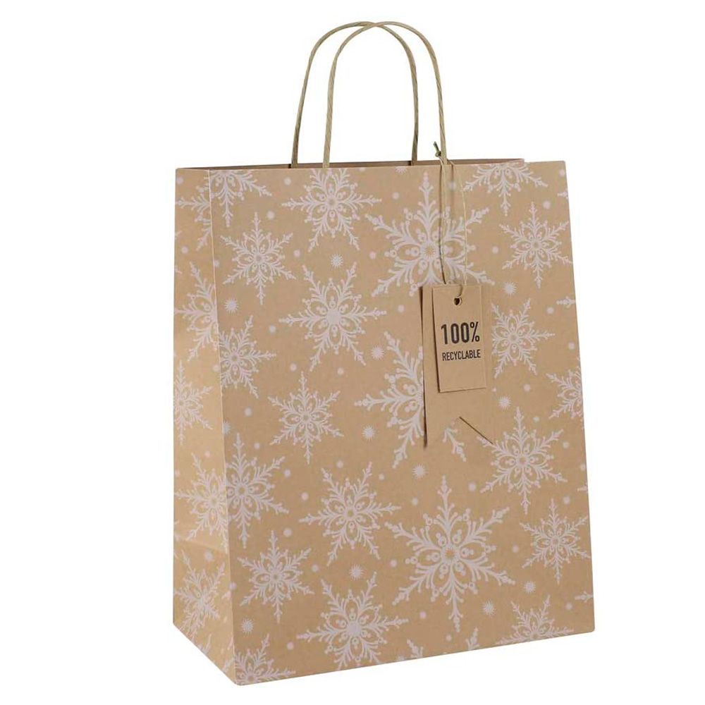Пакет бумажный подарочный "Kraft Snowflake" для бутылки, 12.7x9x35.5 см, крафт